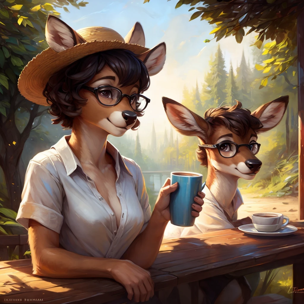 uploaded on e621, by Pixelsketcher, by Bayard Wu, by Thomas Benjamin Kennington , by Einshelm, by hioshiru and kenket, Chunie, portrait, solo anthro female deer doe, tiny featureless breasts, tiny breasts, clear dark blue, cinematic lighting, day, sunny day, sitting outside at a café, café background, french background, old french background, shiny, short curly dark brown hair, short hair, wears big black nerd glasses, very very beautiful furry art, furry art, thoughtful, shiny, feminine, cute face, muzzle, fluffy chest, flawless face, Fallow deer, 1girl, Sakimichan is beautiful, Masterpiece, Wavethesallow Face, shiny, Detailed image, portrait, Detailed image, portrait, wears pure white wide, big blouse, wears beige summer straw hat, shiny, realistic face, perfect anatomy, hourglass body, anthropomorphic deer, happy, very happy, small ears, huge black nerd glasses, wide happy eyes, look at viewer, smiles, big smile, holds with both hands a cup of coffee, hourglass body, (furry body:1.1), anthropomorphic deer, small fluffy tail, detailed background, (cute anatomy:1.1), looks into the distance