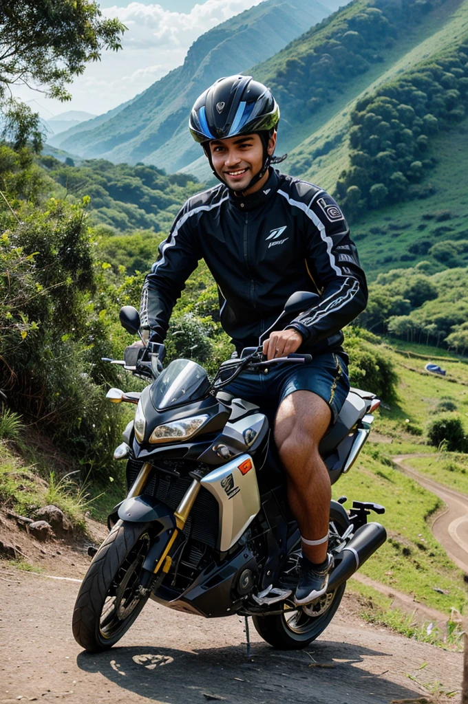 Generate an image of two Indian friends, one male and one female, on a TVS Apache 180 cc 2020 model bike on a bike trip in Parasnath Hills. The male, around 22 years old, is riding the bike, wearing casual clothes and a helmet. The female, around 20 years old, is sitting on the back seat, also in casual clothes and a helmet, with a joyful expression. The background features lush greenery, rocky paths, and the scenic views of Parasnath Hills.