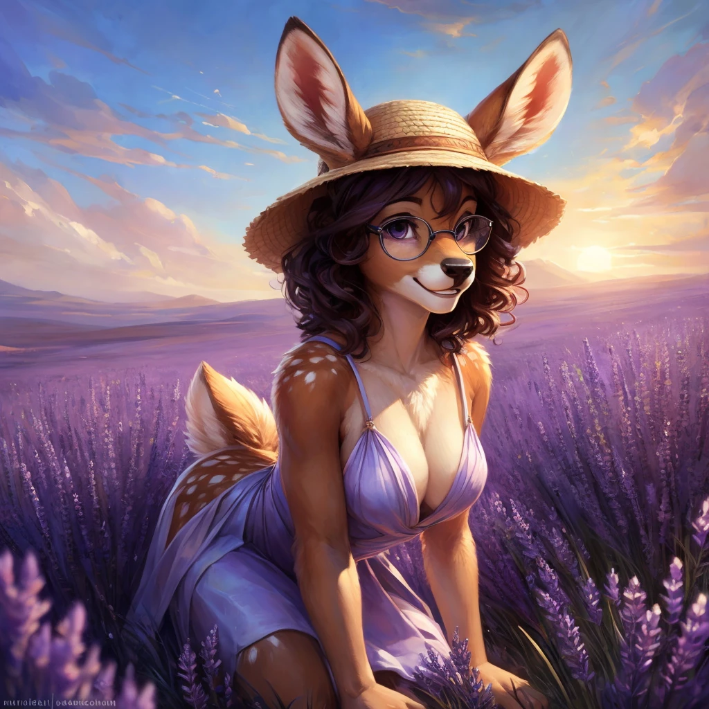 uploaded on e621, by Pixelsketcher, by Bayard Wu, by Thomas Benjamin Kennington , by Einshelm, by hioshiru and kenket, Chunie, portrait, solo anthro female deer doe, with small featureless breasts, clear dark blue, cinematic lighting, day, sunny day, lavender field, stays in a lavender field, lavender field background, mediterranean background, horizon background, shiny, short curly dark brown hair, wears big black nerd glasses, very very beautiful furry art, furry art, smiling, joyful, shiny, happy, feminine, cute face, muzzle, fluffy chest, flawless face, Fallow deer, 1girl, Sakimichan is beautiful, Masterpiece, Wavethesallow Face, shiny, Detailed image, portrait, Detailed image, portrait, full body, wearing pure white and wide spaghetti straps dress, wearing big and wide beige summer straw hat, shiny, realistic face, perfect anatomy, hourglass body, (furry body:1.1), anthropomorphic deer, looks at the viewer, small fluffy tail, detailed background, (cute anatomy:1.1), stands in a lavender field
