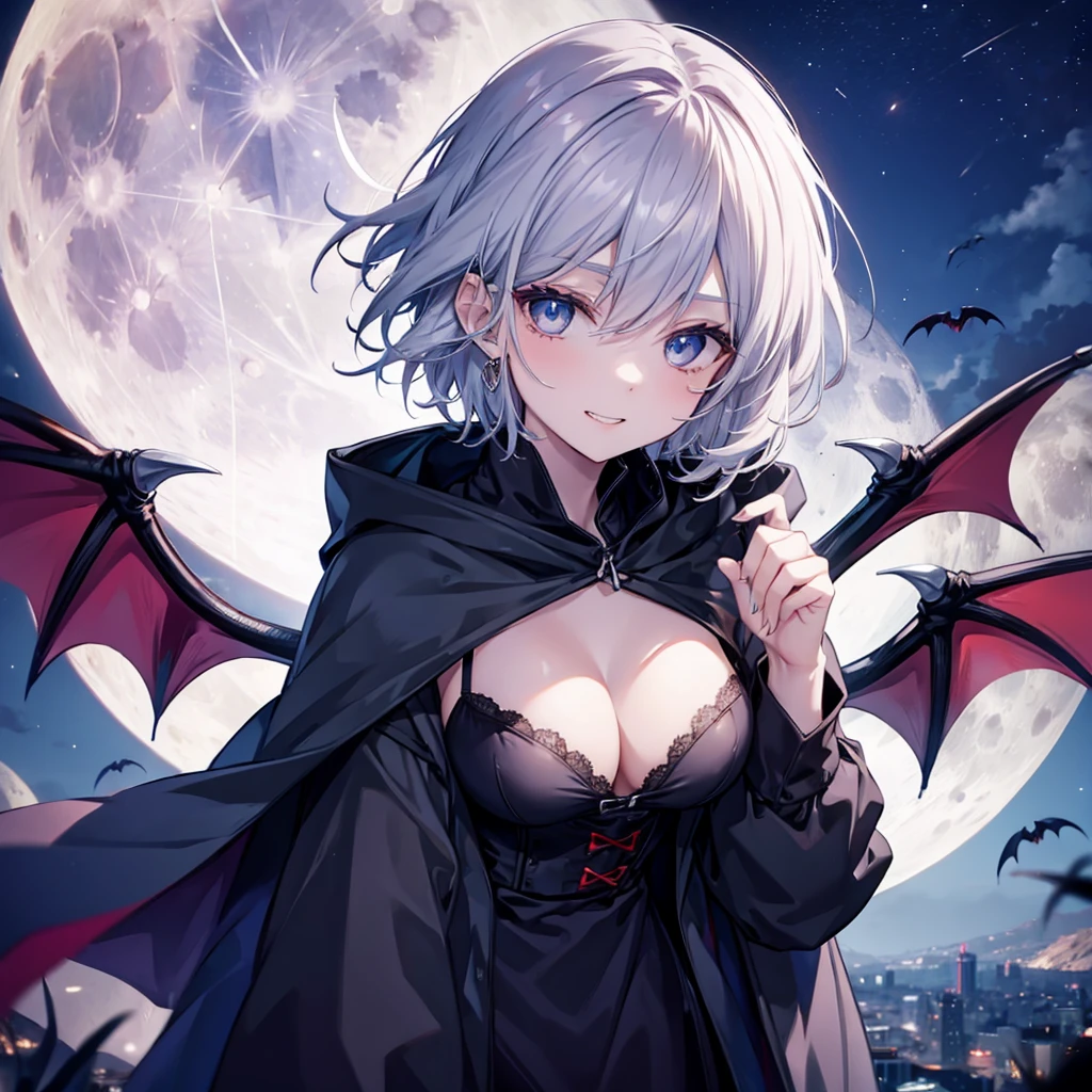 ((((vampire　Inflammation))))　(((Gray Hair　short hair　blue eyes　woman　Center close-up)))，((night　full moon　My own big wings))，(Wearing a hood　Black camisole　Purple light　Wearing a cloak)，　Creepy Smile　Showing teeth　Shining Background　Shining Edges