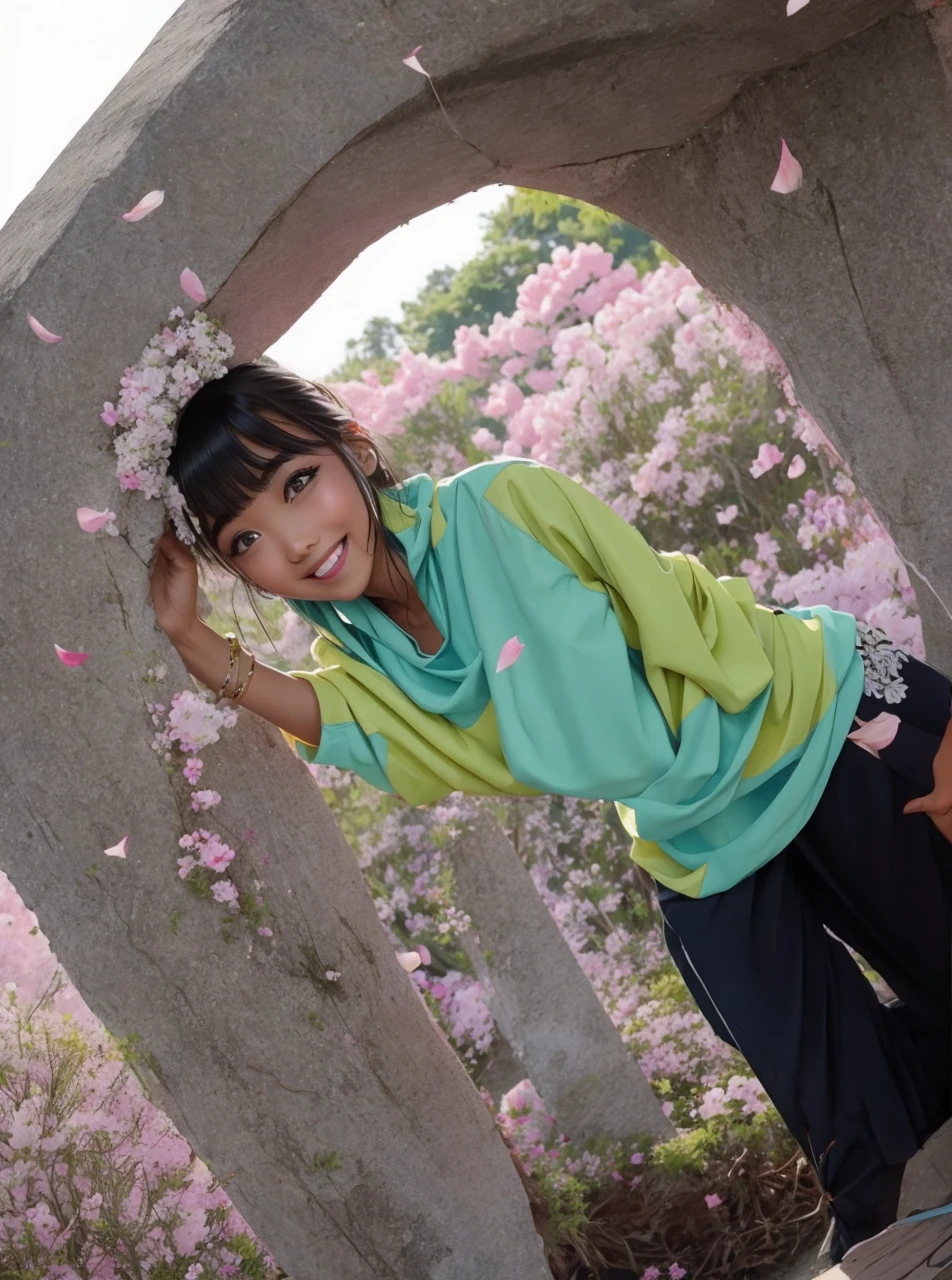 Stand in front of the photo、(masterpice), 1girl in,Full body,a short bob,long boots,Open mouth and big smile、kawaii pose、Flowing iridescent silk、up of face、Eye Up、Colorcon with heart pattern、Floral dress、There are flowers even in front of you、flower petals、Fallen leaves and dragonflies、(season autumnal)