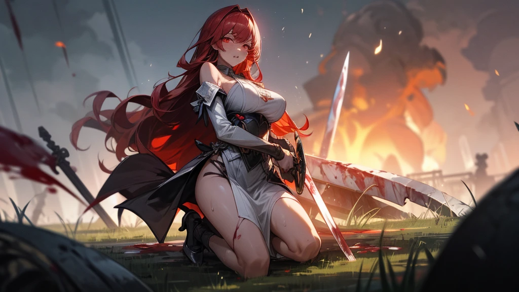 weird atmosphere, (best quality:1.1), (masterpiece:1.2), high quality shadow, beautiful detailed, (high detailed skin, skin details), (wide landscape, 8k), depth of field, highres, best illumination, (sexy), outdoors, blurry background, HD hair, beautiful face, perfect skin, red hair, long hair, (big breasts), blood particles, (night), sharp teeth, glowing red eyes, blood on face, blood on clothes, blood splashing, female knight kneel in the war fields, white dress, leavage, stocking, high heels, attack pose, close to viewer, gripping huge sword, heavy rain, in the grassland, foggy, wet body, wet hair, hair fluttering, bare shoulder, blue flame