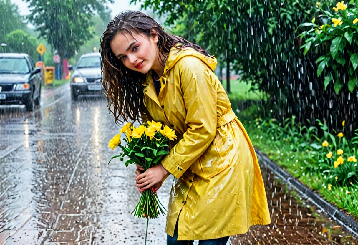 there is a woman in a yellow raincoat picking flowers, pretty girl standing in the rain, wash off in the rain, in the rain, rain!!!!, raining!!!, raining!, rainy wet, darling wash off in the rain, raining!!, girl in raincoat, raining outside, wet from rain, under rain, yellow raincoat, rainy; 90's photograph
