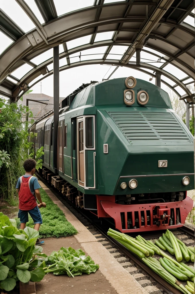 Poor people making a train from vegetables