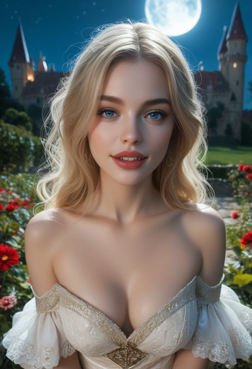 core_9, score_8_above, score_7_above, 1girl, realistic, blonde long hair with bangs, blue_eyes, realistic skin texture, detailed picture, upper_body, HD32k, royal_garden, medieval_castle, elegant_green_dress, off_shoulder_dress, moonlight, night, fullmoon, red_lips, parted_lips, fangs, fang