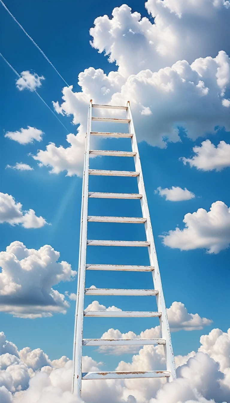 Blue background,White ladder,Fluffy soft white clouds,Beautiful and dreamy