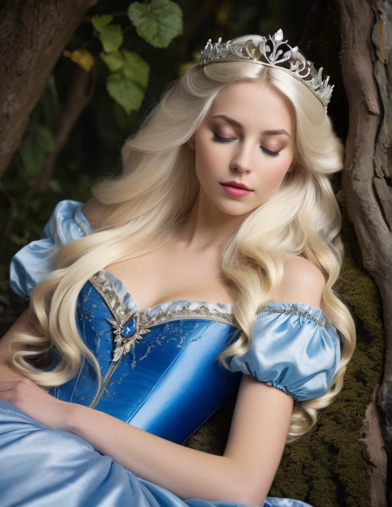 very attractive 25 year old girl with long platinum blonde hair, dressed as sleeping beauty , photo quality