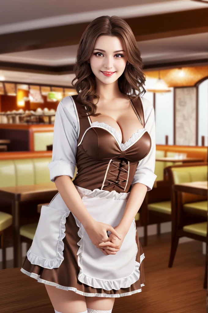 Highest quality, shape, Very detailed, In detail, High resolution, 8k wallpaper, Perfect dynamic composition, Beautiful attention to detail, Wavy long hair,Big breasts and natural lips, Sexy pose,smile,25-year-old woman、Beautiful woman、Looking into the camera、Ultra-realistic、(((reality:1.5))),(((Waitress costume、family restaurant、Dark Brown Hair、Brown Eyes、Big and beautiful eyes:1.5)))、Standing posture、(((One Woman:1.5))),(((Japanese)))