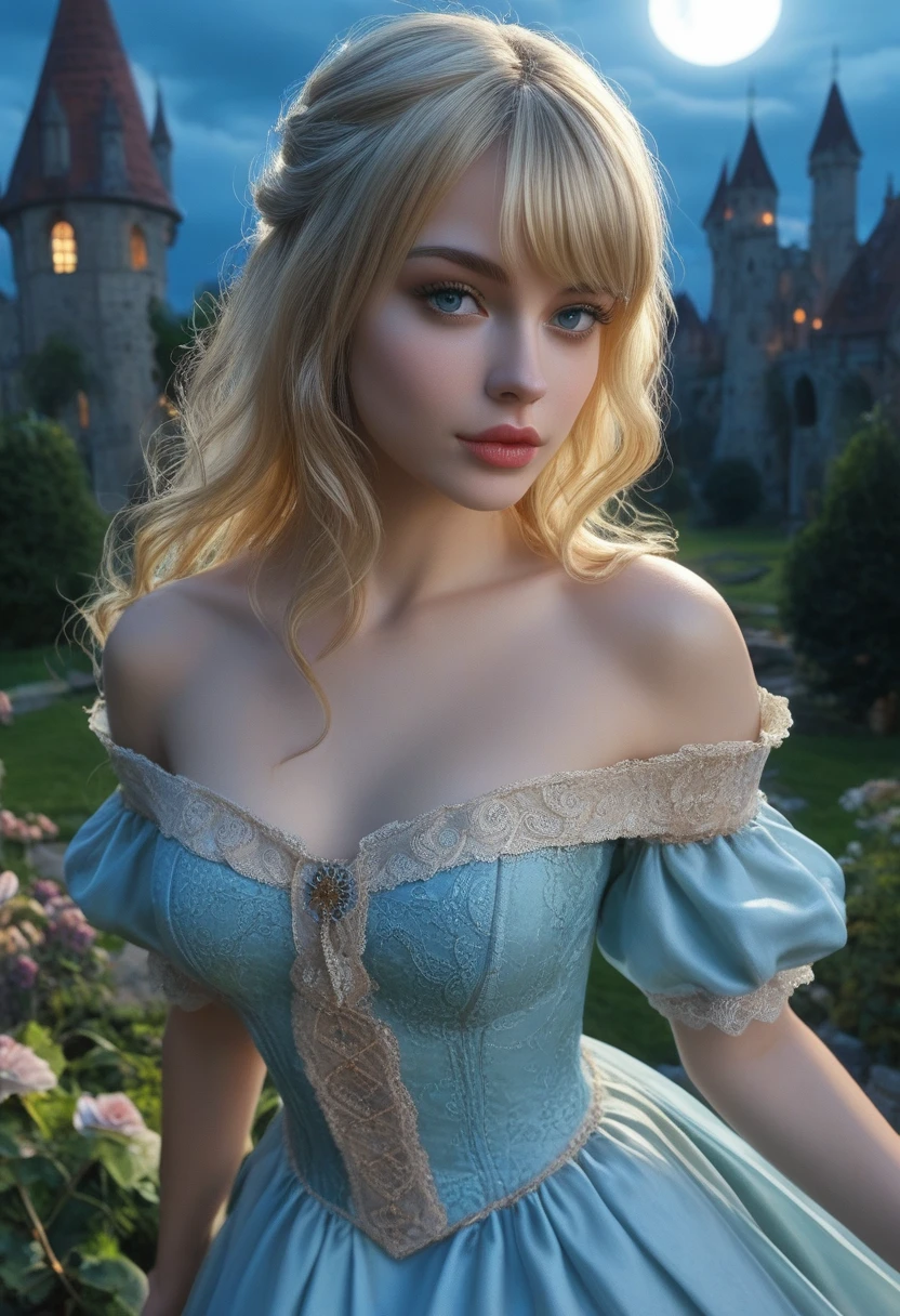 score_9, score_8_above, score_7_above, 1girl, realistic, blonde long hair with bangs, blue_eyes, realistic skin texture, detailed picture, upper_body, HD32k, royal_garden, medieval_castle, elegant_green_dress, off_shoulder_dress, moonlight, night, fullmoon, red_lips, spread_lips