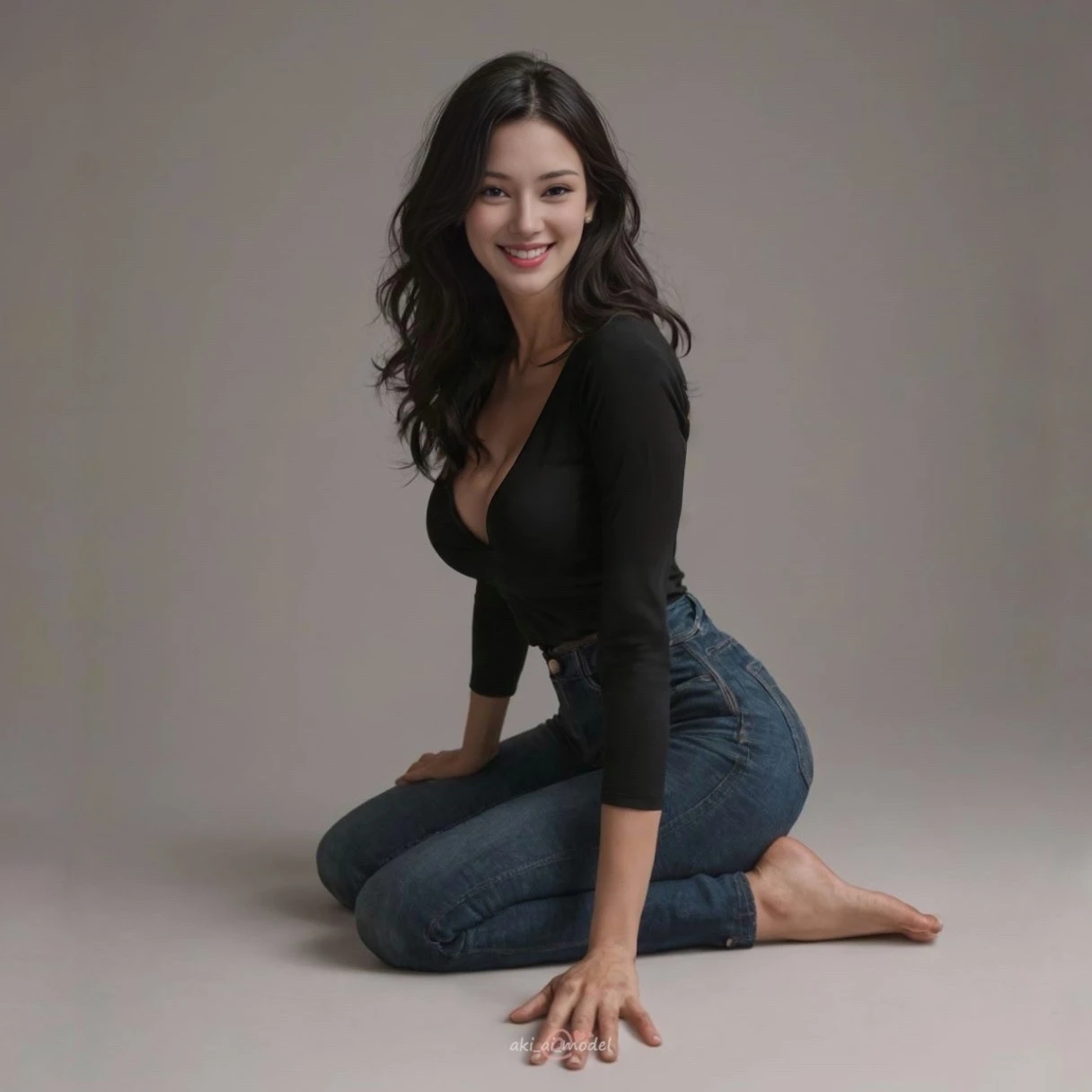 The neck is flesh-colored and beautifully smooth,Cheek and jaw lines are clearly defined and beautiful,Black clothes,Beautiful and firm bust,The best beautiful bust,Tight waist,Perfectly proportioned and balanced,Elegant, beautiful and graceful,