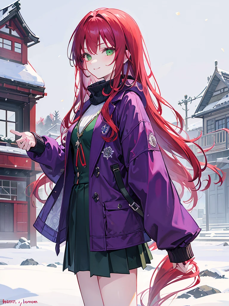 mature woman, green eyes, long curry wavy red hair, bangs.  wear purple black jacket. background in snow field florest. smiling, indifferent. arrogant, thug. snowfall. in florest at winter. playing snowball.