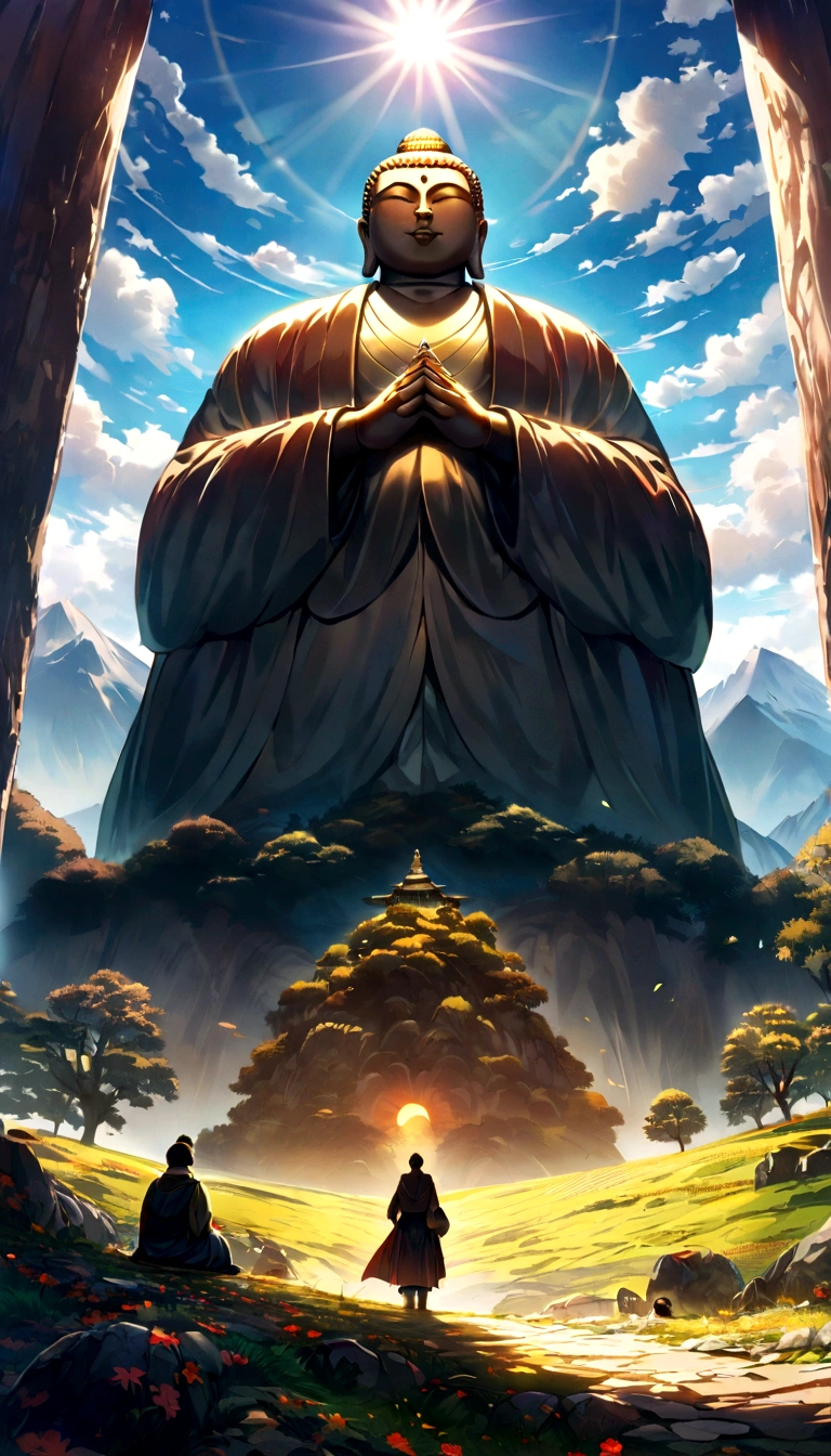 There is a tall seated Buddha statue in the distance, The sun shines on the mountains, Giant trees, And the pilgrims on the road. The composition is beautiful, Own a masterpiece, detail, and HD