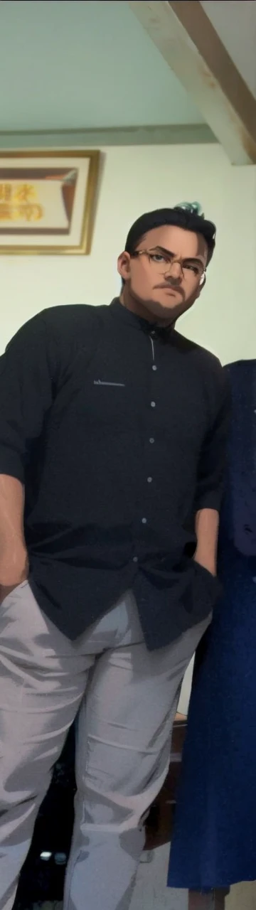 (masterpiece, best quality:1.2), 1boy, solo, A youthful individual with a pronounced jawline, intense black eyes behind black-framed glasses, and an air of fatigue. Their black hair is unkempt, leaning to the right, complementing their full-body stance. clad in a crisp white shirt and navy-blue trousers, captured in the styles of 'studioghibli' and 'Shingeki no Kyojin S4'.
