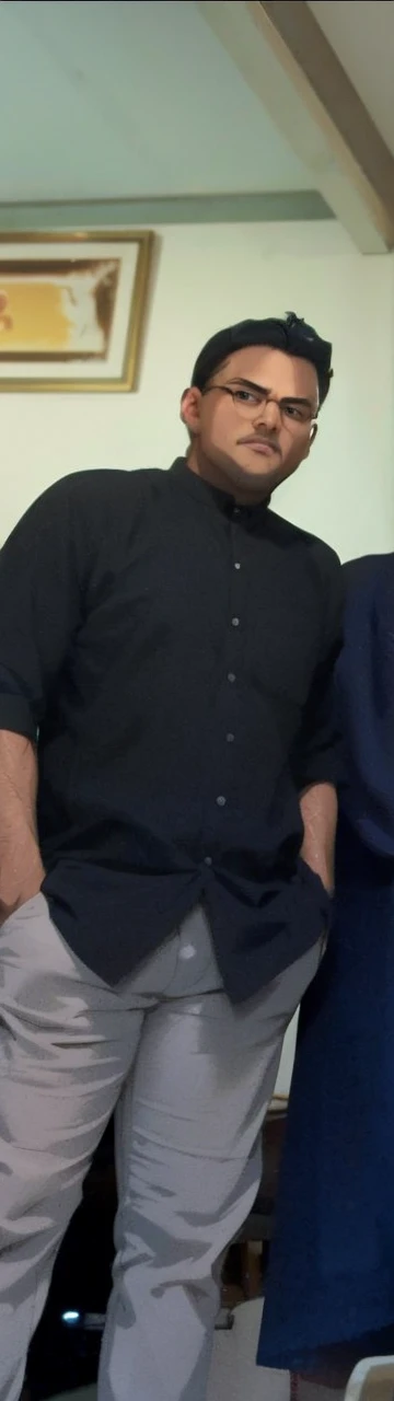 (masterpiece, best quality:1.2), 1boy, solo, A youthful individual with a pronounced jawline, intense black eyes behind black-framed glasses, and an air of fatigue. Their black hair is unkempt, leaning to the right, complementing their full-body stance. clad in a crisp white shirt and navy-blue trousers, captured in the styles of 'studioghibli' and 'Shingeki no Kyojin S4'.
