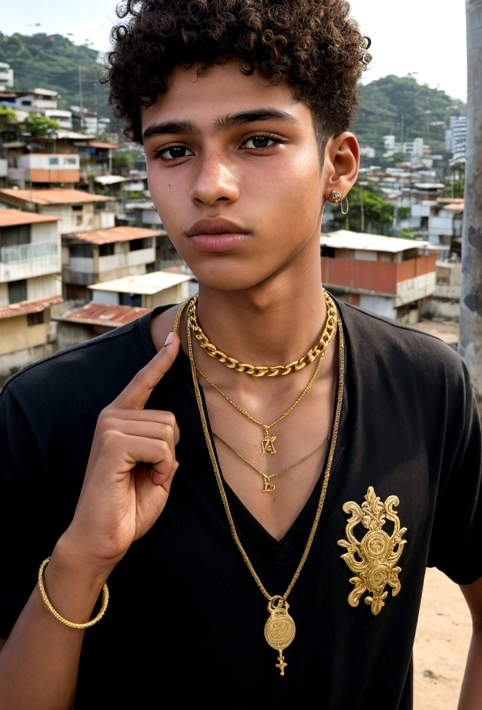 20-year-old boy in Paulista style with gold chain around his neck, favela landscape