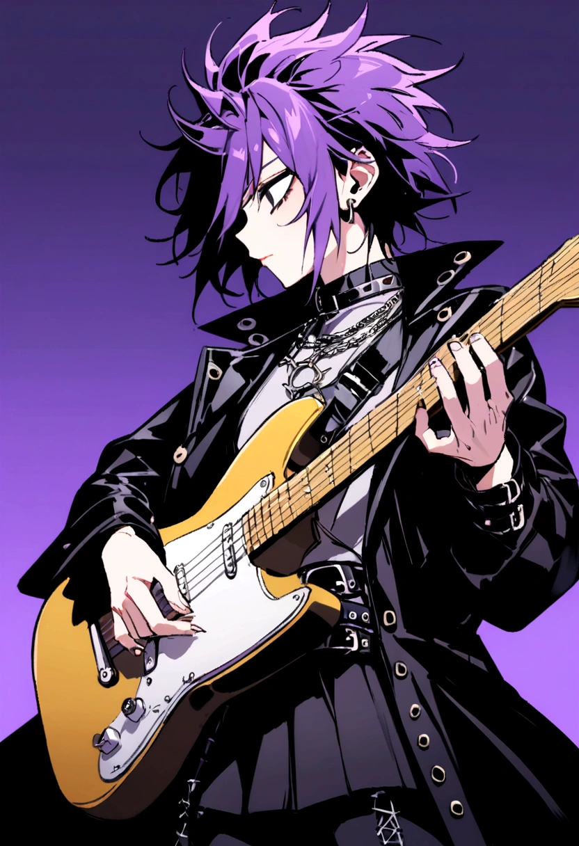 Handsome appearance , I'm playing the guitar. He is a profile, Seriously and positively, Focused Expression. He is holding a guitar in both hands. (masterpiece, 最high quality, high quality), One young man, I'm playing the guitar, ( Disheveled Hair), ,Cool backgrounds, Black eye color , Purple and black and silver clothes, Delinquent boy ,Rock Style , Purple Hair, 濃いPurple Hair, Y2K Punk Grunge Shirt, Y2K Punk Emo Grange Costume, Detailed costume, Y2k Punk Grunge Theme, Beautiful Style, Magnificent and elaborate character art, Detailed clothing y2k , Silver Accessories , musical