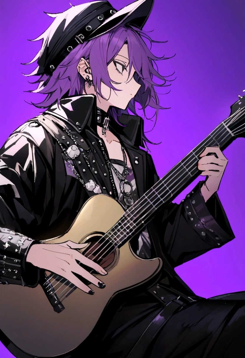 Handsome appearance , I&#39;m playing the guitar. He is a profile, Seriously and positively, Focused Expression. He is holding a guitar in both hands. (masterpiece, 最high quality, high quality), One young man, I&#39;m playing the guitar, ( Disheveled Hair), ,Cool backgrounds, Black eye color , Purple and black and silver clothes, Delinquent boy ,Rock Style , Purple Hair, 濃いPurple Hair, Y2K Punk Grunge Shirt, Y2K Punk Emo Grange Costume, Detailed costume, Y2k Punk Grunge Theme, Beautiful Style, Magnificent and elaborate character art, Detailed clothing y2k , Silver Accessories , musical