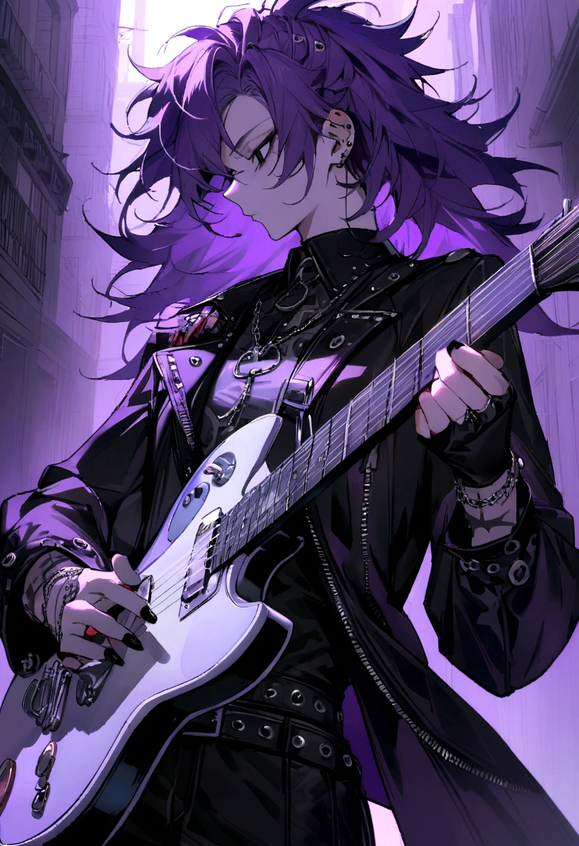 Handsome appearance , I&#39;m playing the guitar. He is a profile, Seriously and positively, Focused Expression. He is holding a guitar in both hands. (masterpiece, 最high quality, high quality), One young man, I&#39;m playing the guitar, ( Disheveled Hair), ,Cool backgrounds, Black eye color , Purple and black and silver clothes, Delinquent boy ,Rock Style , Purple Hair, 濃いPurple Hair, Y2K Punk Grunge Shirt, Y2K Punk Emo Grange Costume, Detailed costume, Y2k Punk Grunge Theme, Beautiful Style, Magnificent and elaborate character art, Detailed clothing y2k , Silver Accessories , musical