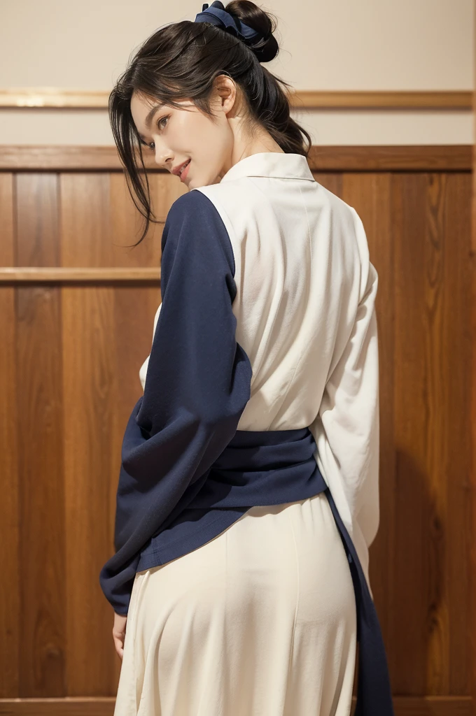 (((best quality))),(((ultra detailed))),(((masterpiece))),illustration,1girl,solo,short ponytail,slim,thin,((towering hips,butt crack)),white collar,white kendogi,three-quarter sleeves,maxi navy-blue kendo hakama,standing in kendo gym,focused and determined expression,ready for challenge,slender and elegant face,confident and resilient,fair skin,blush,neat teeth,bright smile,clean and tidy uniform,wooden gym floor,wall,pine scent,standard grip,ready to slice through obstacles,strong belief,determination,spirit of resilience,admiring,((from back,upper body))