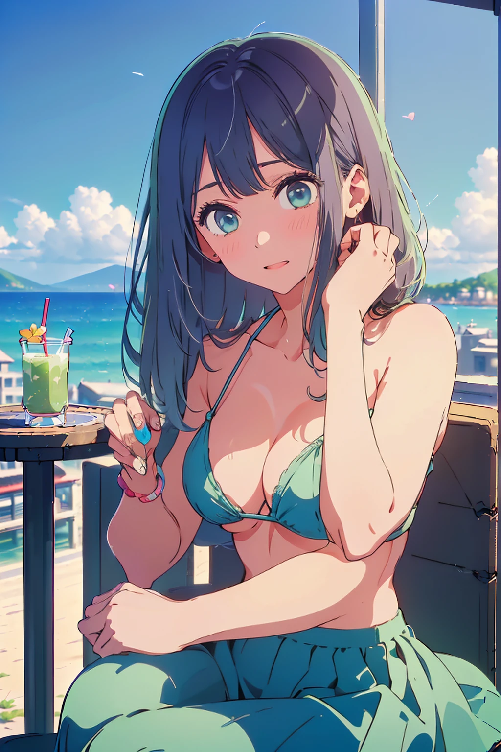 (Highest quality:1.4、masterpiece:1.4、Super detailed:1.4、8K:1.4)、F cup bust、Big Breasts、Slim body、((((1 person、Surprised expression、sit、Chair、In the background are the urban buildings of Tokyo、looking at the camera、Outdoor café terrace、coastal、Navy hair color、juice、table、Shooting up close、Very cute face))))、(Pose of putting hair behind ears with hands:1.4、Cheek resting on hand:1.4）、((nude、Areola、bikini、sunny place))、Very blue sky、A completely cloudless sky、Big eyes、((((Shallow depth of field))))、Pink Lips