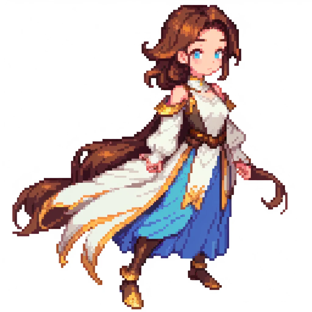 masterpiece , best quality , pixel art , 1 girl ,  fantasy clothes ,Her hair is brown and shoulder-length , full body , white background,