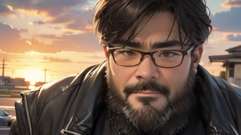 Glasses, beard, in beautiful nature、Image of a man riding a classic motorcycle。His clothes and motorcycle are all retro in design.、Creates a vintage atmosphere。