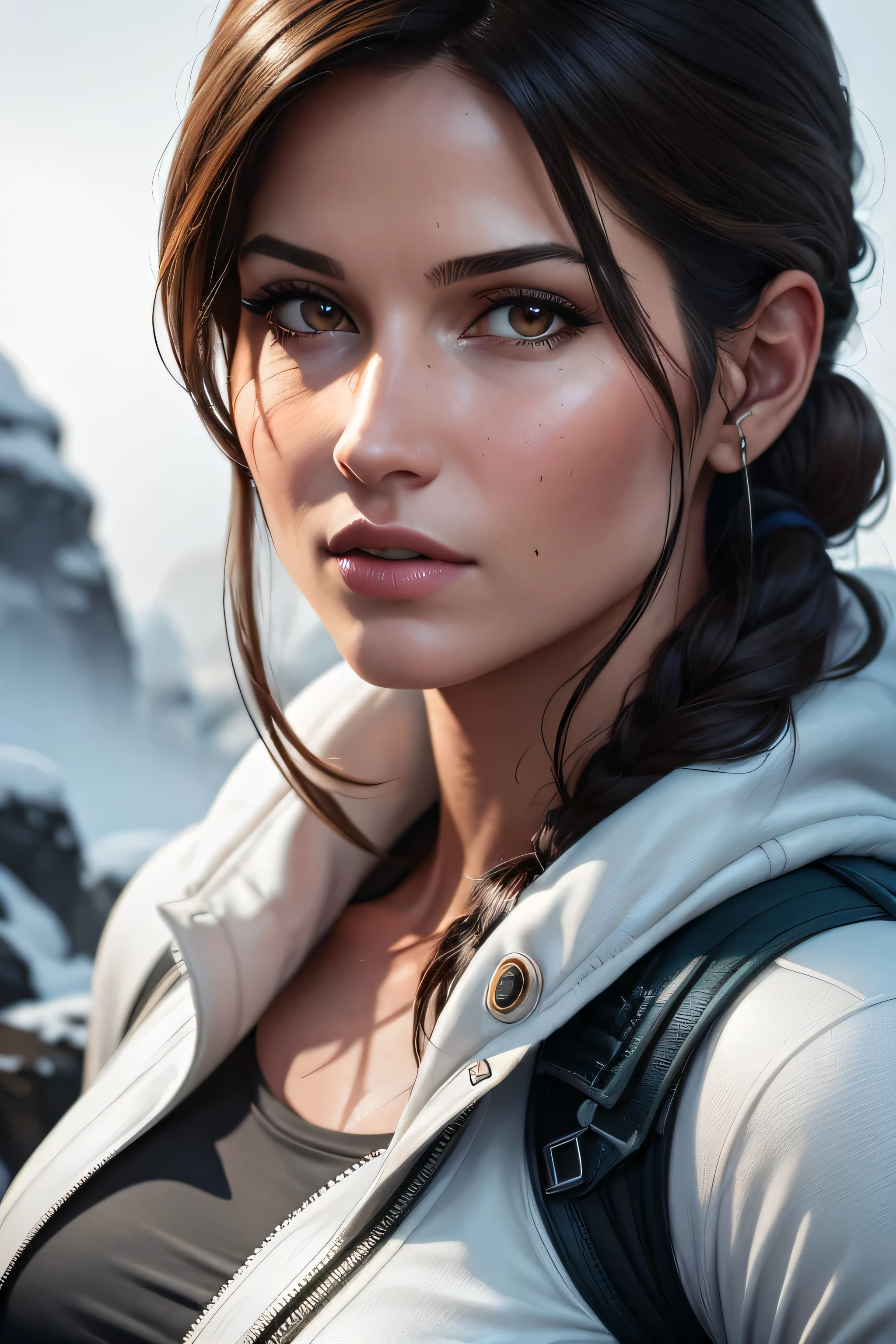 Lara Croft climbing the mount everest, wearing suitable white clothes for the climb, it's snowing and cold. (8k, RAW photo, best quality, masterpiece:1.2),ultra-detailed, (high detailed skin:1.2), 8k uhd, DLSR, sharp focus, soft lighting, masterpiece, perfect face, ultra detailed face, perfect brown eyes, beautiful face, photorealistic, 8k, masterpiece