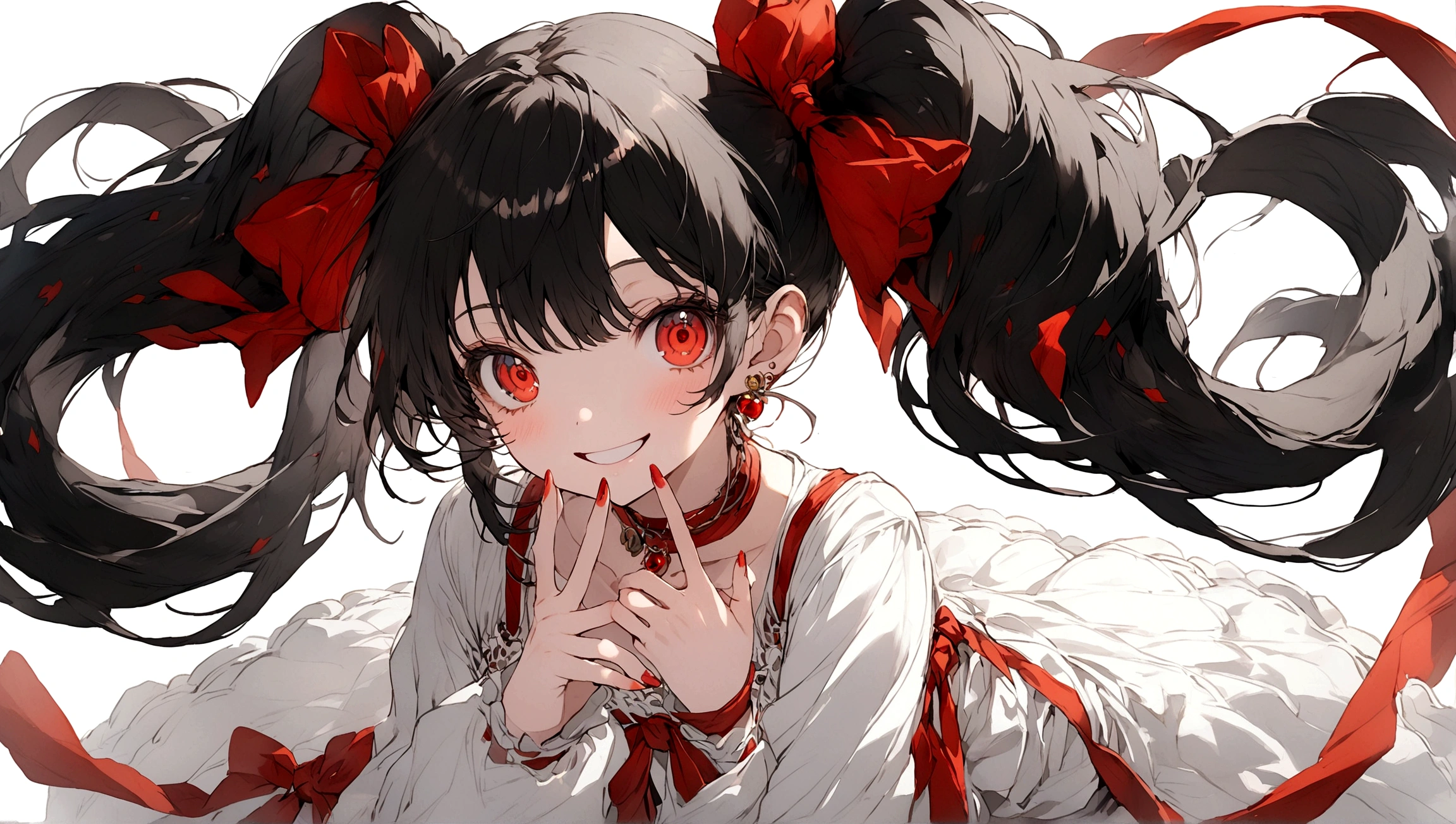 an anime-style character with distinct features. The character has long, black hair tied into twin tails with large red ribbons on each side. The eyes are bright red and highly detailed, adding a captivating effect to the character's expression. She is smiling widely, with one hand covering part of her face, giving a playful and somewhat mischievous appearance. The outfit includes various accessories, such as red rings and a choker, along with decorative elements on the clothing that contribute to an overall intricate and visually striking design. Perfect fingers.