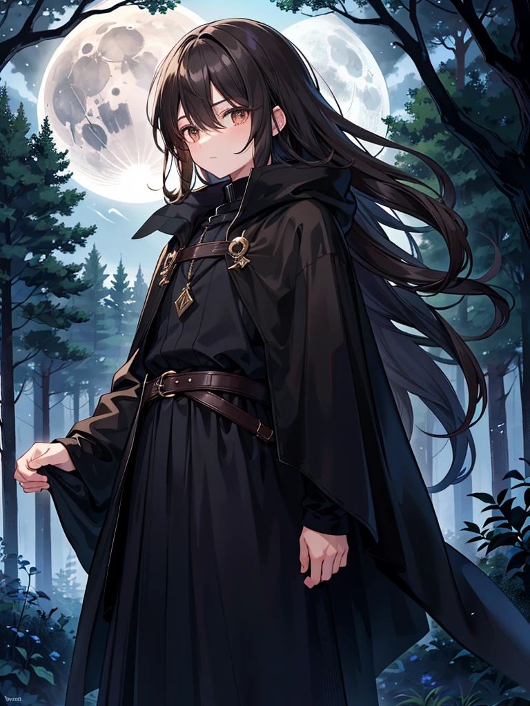 A young 14 year-old boy. He has warm brown eyes. His hair is a pitch black. He sports a flowing black cloak. The moonlight brightens the dark forest around him. His face is masculine
