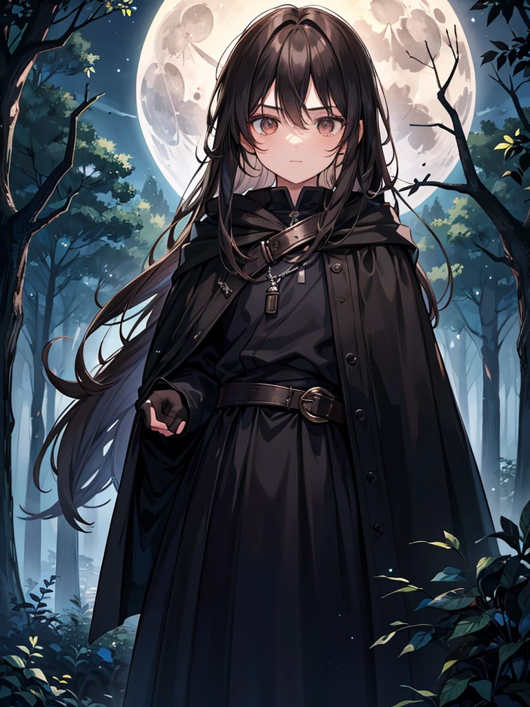 A young 14 year-old boy. He has warm brown eyes. His hair is a pitch black. He sports a flowing black cloak. The moonlight brightens the dark forest around him. His face is masculine 