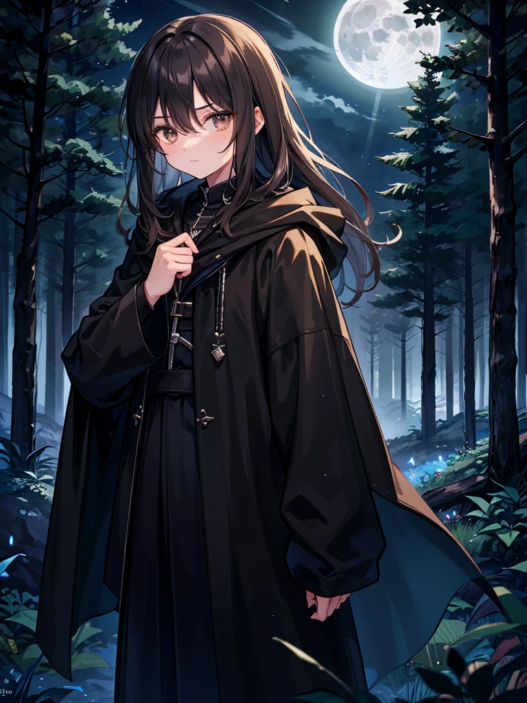 A young 14 year-old boy. He has warm brown eyes. His hair is a pitch black. He sports a flowing black cloak. The moonlight brightens the dark forest around him. His face is masculine