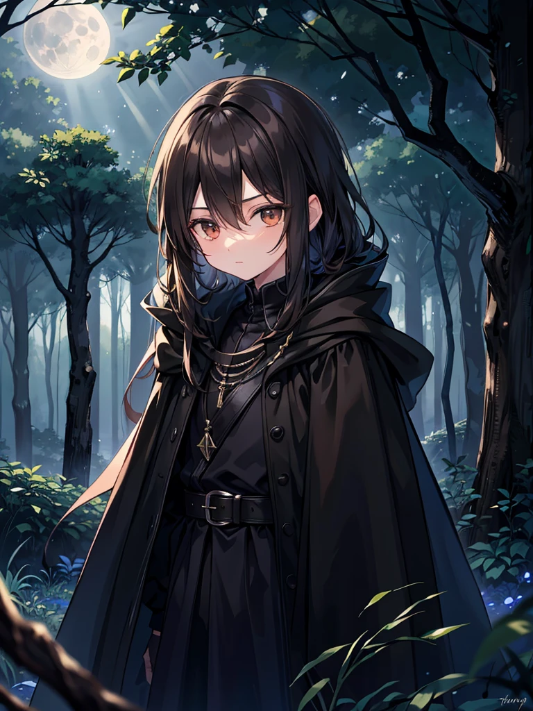 A young 14 year-old boy. He has warm brown eyes. His hair is a pitch black. He sports a flowing black cloak. The moonlight brightens the dark forest around him. His face is masculine