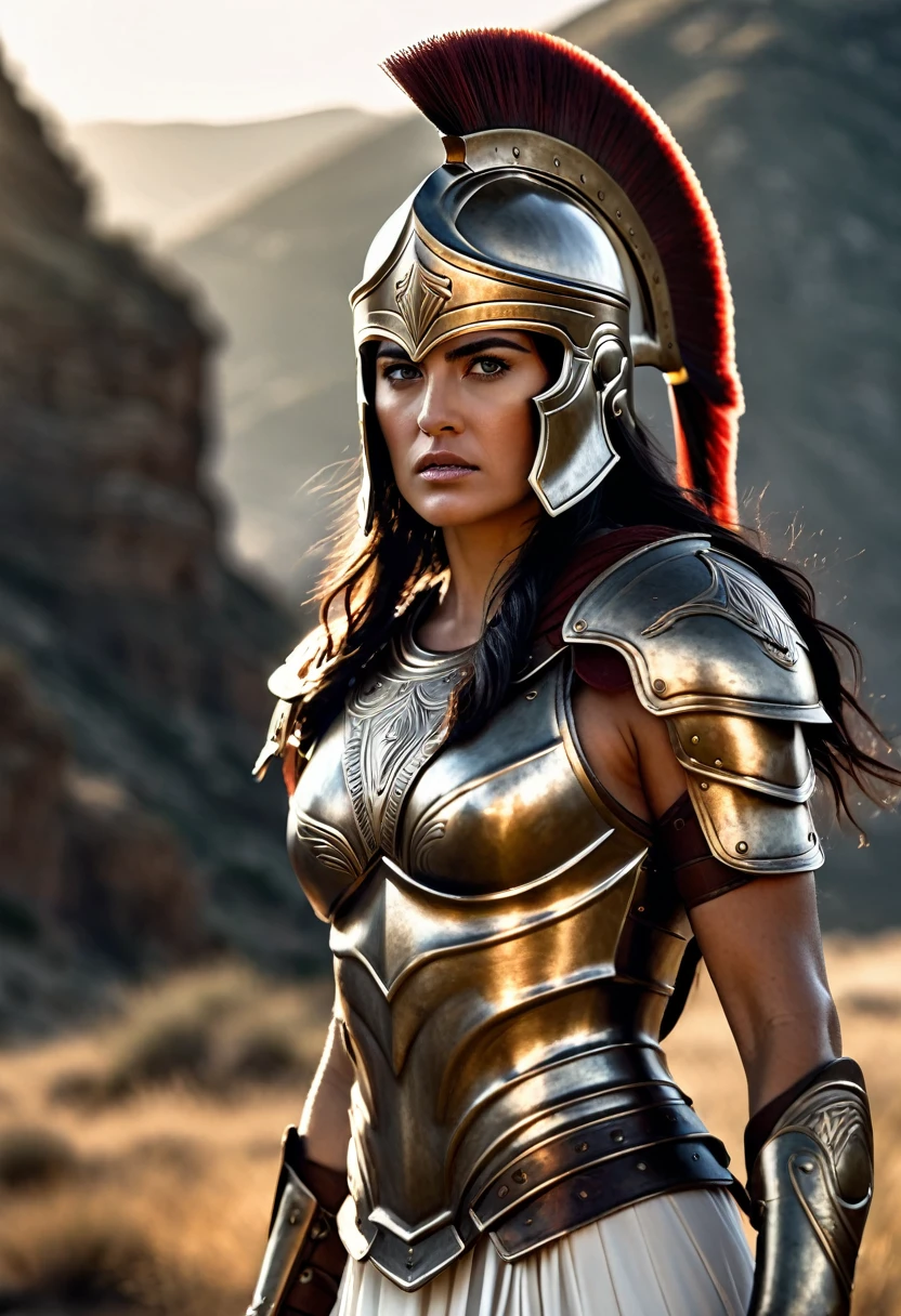 de frente al espectador, a beautiful spartan warrior woman, highly detailed face, intense eyes, determined expression, long dark hair, wearing a spartan style helmet, intricate bronze armor, flowing white dress, standing in a dramatic landscape, dramatic lighting, cinematic camera angle, photorealistic, ultra-detailed, 8k, best quality