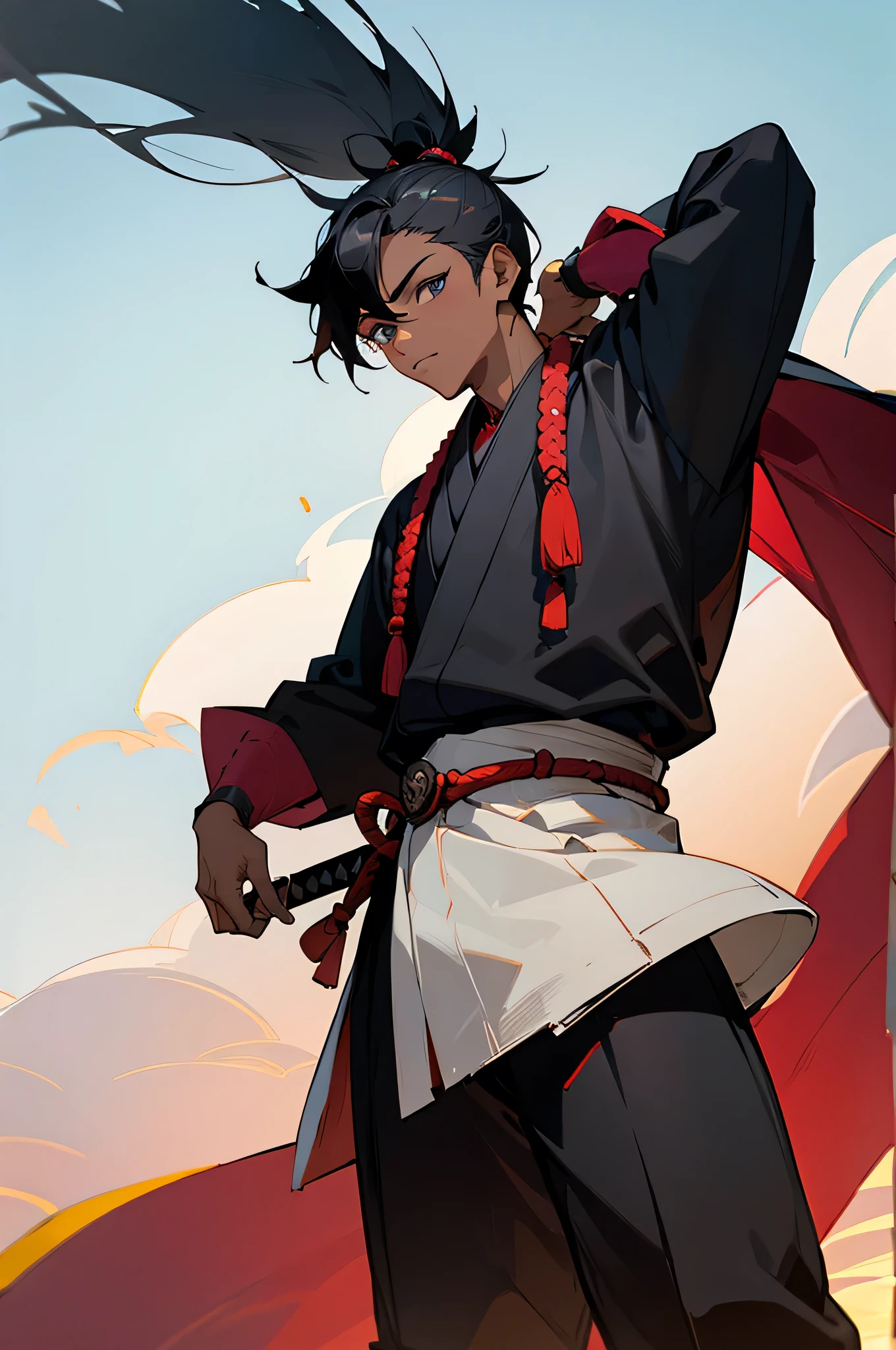 Anime character with sword and red cape standing in front of a sky ...