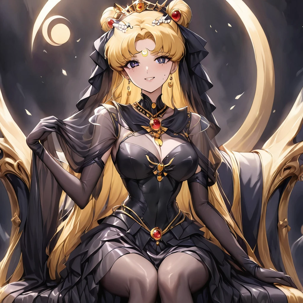 ((Highest quality)), ((masterpiece)), (detailed), (Perfect Face)、Black moon mark on forehead、The woman is Black Serenity, the noble dark queen of the Black Moon clan and has blonde hair.2The woman with long hair tied in a knot is Princess Serenity, sitting on a large throne next to the King of Darkness.、The woman has a black inverted crescent moon mark on her forehead, a gorgeous and glittering black gothic Victorian dress, a black veil and a black see-through cape, and is wearing luxurious jeweled accessories. She is the Queen of Darkness, the jet-black Princess Serenity, looking at the camera with a happy expression, and has the expression of a maiden in love.