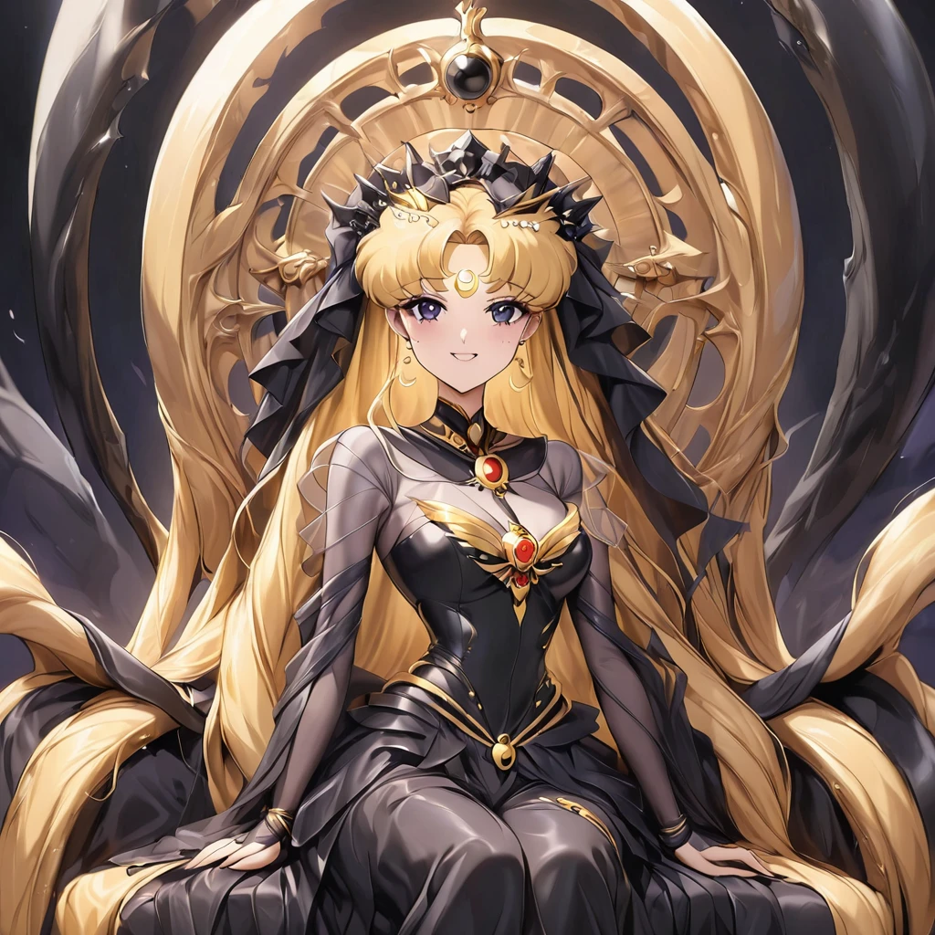 ((Highest quality)), ((masterpiece)), (detailed), (Perfect Face)、Black moon mark on forehead、The woman is Black Serenity, the noble dark queen of the Black Moon clan and has blonde hair.2The woman with long hair tied in a knot is Princess Serenity, sitting on a large throne next to the King of Darkness.、The woman has a black inverted crescent moon mark on her forehead, a gorgeous and glittering black gothic Victorian dress, a black veil and a black see-through cape, and is wearing luxurious jeweled accessories. She is the Queen of Darkness, the jet-black Princess Serenity, looking at the camera with a happy expression, and has the expression of a maiden in love.