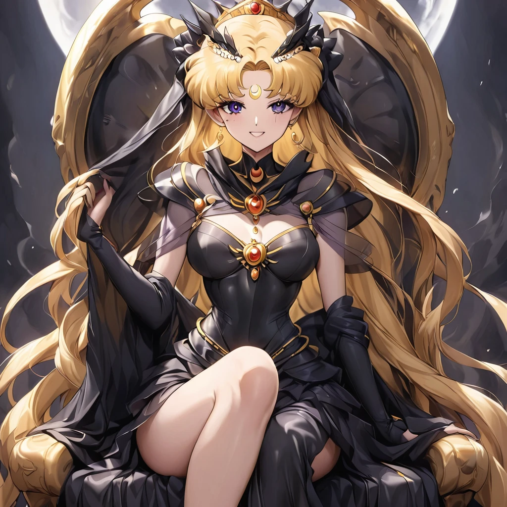 ((Highest quality)), ((masterpiece)), (detailed), (Perfect Face)、Black moon mark on forehead、The woman is Black Serenity, the noble dark queen of the Black Moon clan and has blonde hair.2The woman with long hair tied in a knot is Princess Serenity, sitting on a large throne next to the King of Darkness.、The woman has a black inverted crescent moon mark on her forehead, a gorgeous and glittering black gothic Victorian dress, a black veil and a black see-through cape, and is wearing luxurious jeweled accessories. She is the Queen of Darkness, the jet-black Princess Serenity, looking at the camera with a happy expression, and has the expression of a maiden in love.