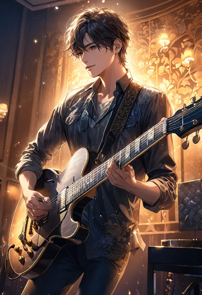 Handsome , Delicate and handsome guitarist playing guitar(The face is clear and perfect)image,The lighting art in the hotel scene is perfect as a background., beautifully, Complex illustration, Artwork Concept Art Masterpiece, Highest quality, Very detailed, High resolution