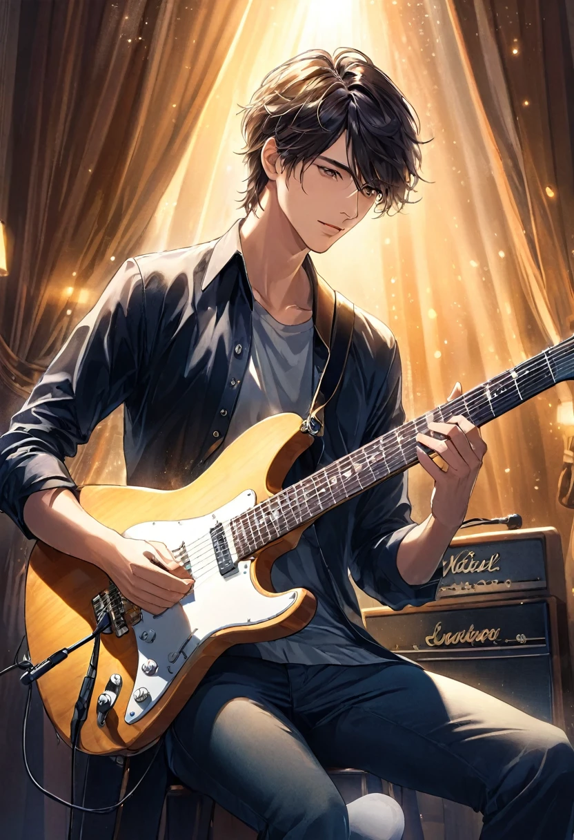 Handsome , Delicate and handsome guitarist playing guitar(The face is clear and perfect)image,The lighting art in the hotel scene is perfect as a background., beautifully, Complex illustration, Artwork Concept Art Masterpiece, Highest quality, Very detailed, High resolution