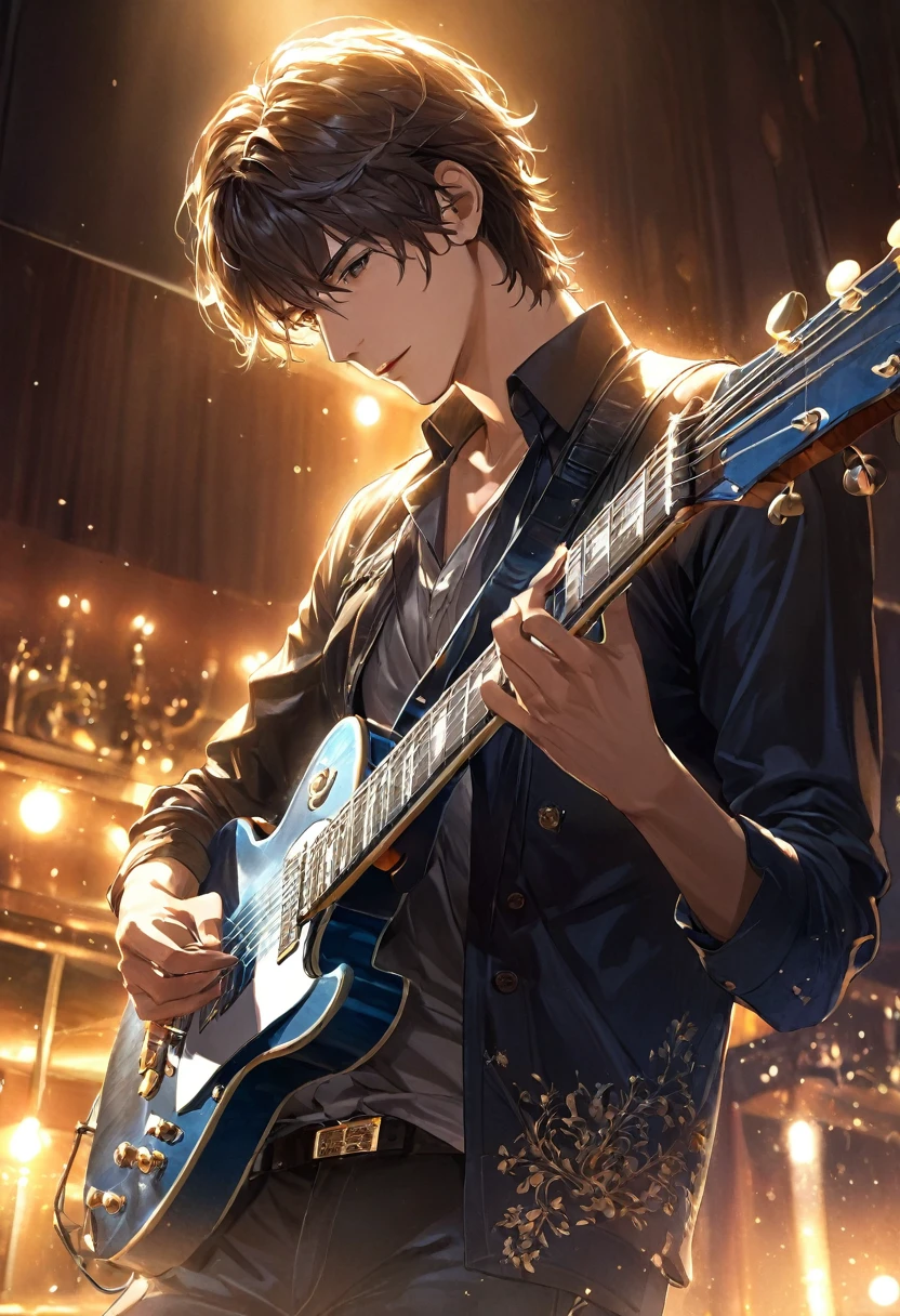 Handsome , Delicate and handsome guitarist playing guitar(The face is clear and perfect)image,The lighting art in the hotel scene is perfect as a background., beautifully, Complex illustration, Artwork Concept Art Masterpiece, Highest quality, Very detailed, High resolution