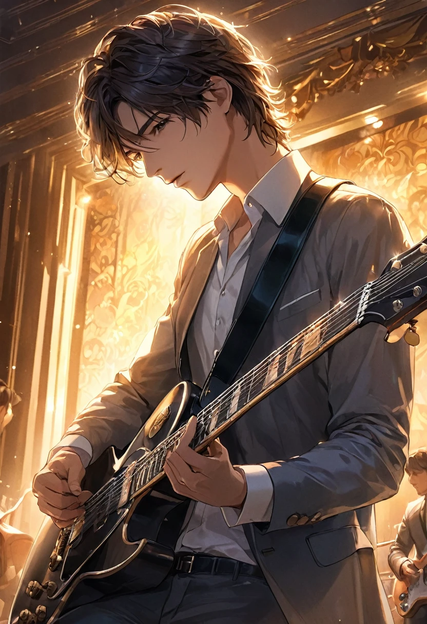 Handsome , Delicate and handsome guitarist playing guitar(The face is clear and perfect)image,The lighting art in the hotel scene is perfect as a background., beautifully, Complex illustration, Artwork Concept Art Masterpiece, Highest quality, Very detailed, High resolution