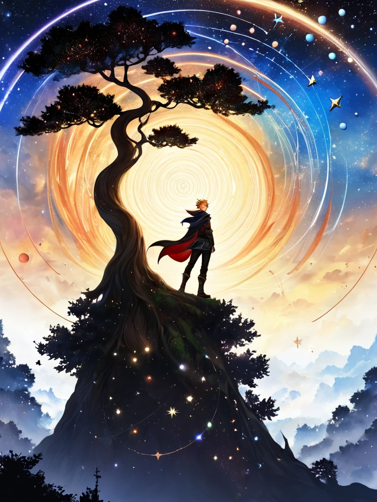 A painting,A man standing in front of a tree,Sky in the background, Digital art inspired by Johfra Bosschart, tumblr, Fantasy Art, Astronautuniverse, Fantasy painting, Ascending universe, Universe Enlightenment, esoteric equation heaven, Fantasy Art style, Fantasy Art, universe, In the Star Realm ) ) ), Star appearance