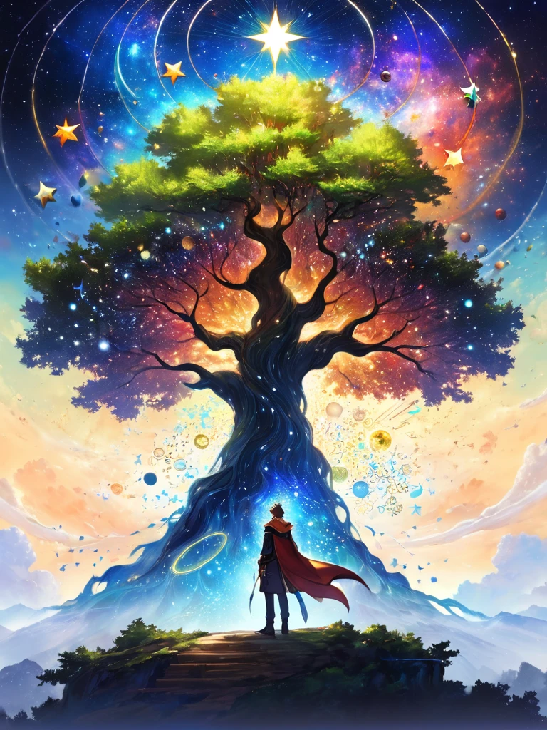 A painting,A man standing in front of a tree,Sky in the background, Digital art inspired by Johfra Bosschart, tumblr, Fantasy Art, Astronautuniverse, Fantasy painting, Ascending universe, Universe Enlightenment, esoteric equation heaven, Fantasy Art style, Fantasy Art, universe, In the Star Realm ) ) ), Star appearance