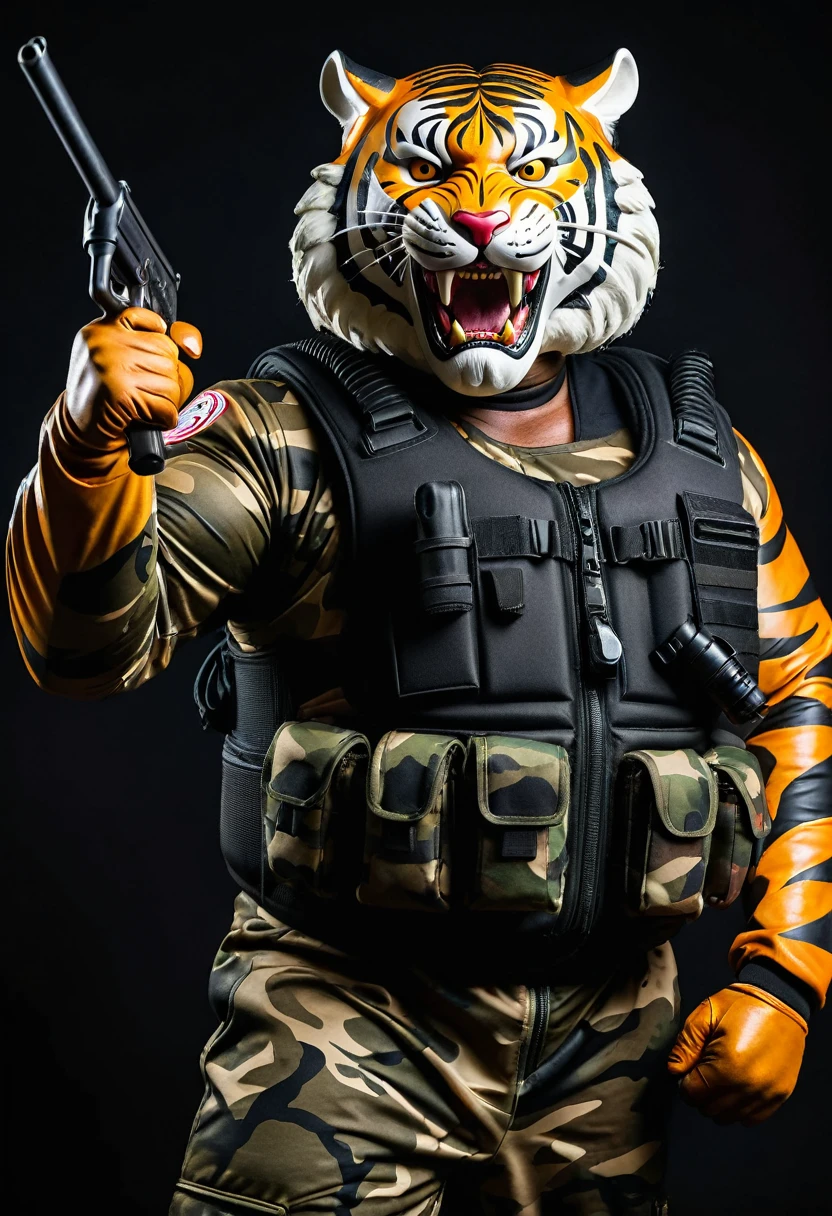 (a dark-skinned fat muscular old man in a bulky camouflage zipper diver suit) carrying a gun and (wearing realistic roaring siberian tiger mask), thumbs up, muscular, Basuki Abdullah, sumatraism, action, a character portrait, heroic, fierce, snarling