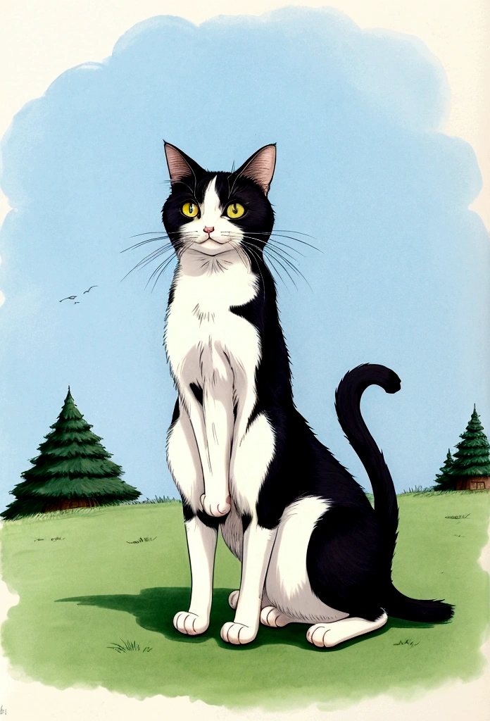 A cartoon cat,Standing,White background,Ghibli style