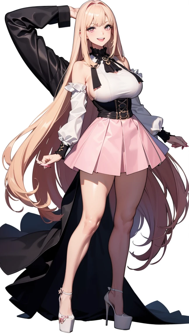 ((masterpiece, high resolution, better quality, better details)), ((Marin Kitagawa)), ((Smiling)), a girl modeling standing, mini skirt, blouse with long sleeves, ((big neckline)), ((platform high heels)), pink eyes with black outline, (light blonde hair, straight hair, straight bangs, long hair)), long nails, pink nails, (((curvy body))), shiny skin, ((side view)), solo, bare shoulders, full body, focus full body, high heels, ((White background)),