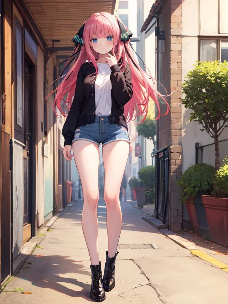 (8K, Highest quality, Highest quality, masterpiece), standing, (denim hot micro shorts), big breasts, (fullbody), nn1, 1girl, hair ribbon, ((long hair)), anime girl