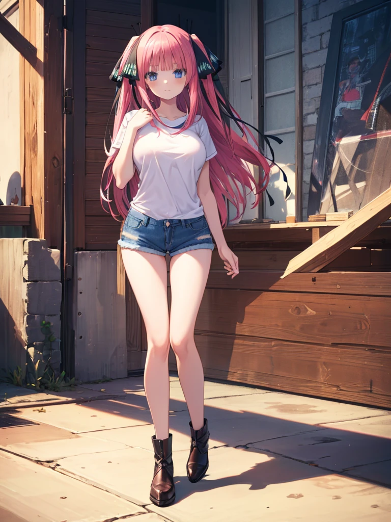 (8K, Highest quality, Highest quality, masterpiece), standing, (denim hot micro shorts), big breasts, (fullbody), nn1, 1girl, hair ribbon, ((long hair)), anime girl