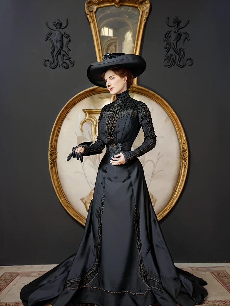 masterpiece, uhd, sharp color photo of one beautiful woman wearing a high-neck layered black dress, with a hat on and hourglass figure, wasp waist, coseted, at a Parisian cafe belle epoche dress