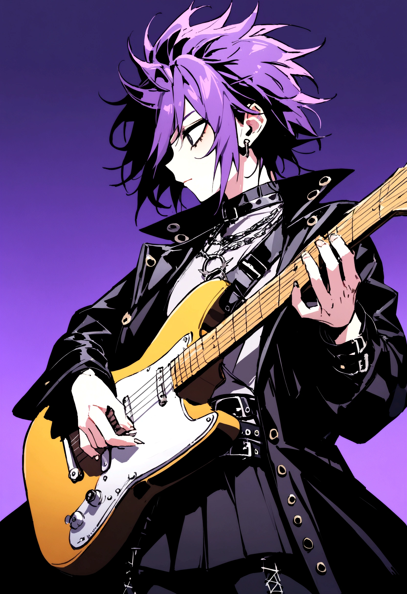 Handsome appearance , I'm playing the guitar. He is a profile, Seriously and positively, Focused Expression. He is holding a guitar in both hands. (masterpiece, 最high quality, high quality), One young man, I'm playing the guitar, ( Disheveled Hair), ,Cool backgrounds, Black eye color , Purple and black and silver clothes, Delinquent boy ,Rock Style , Purple Hair, 濃いPurple Hair, Y2K Punk Grunge Shirt, Y2K Punk Emo Grange Costume, Detailed costume, Y2k Punk Grunge Theme, Beautiful Style, Magnificent and elaborate character art, Detailed clothing y2k , Silver Accessories , musical